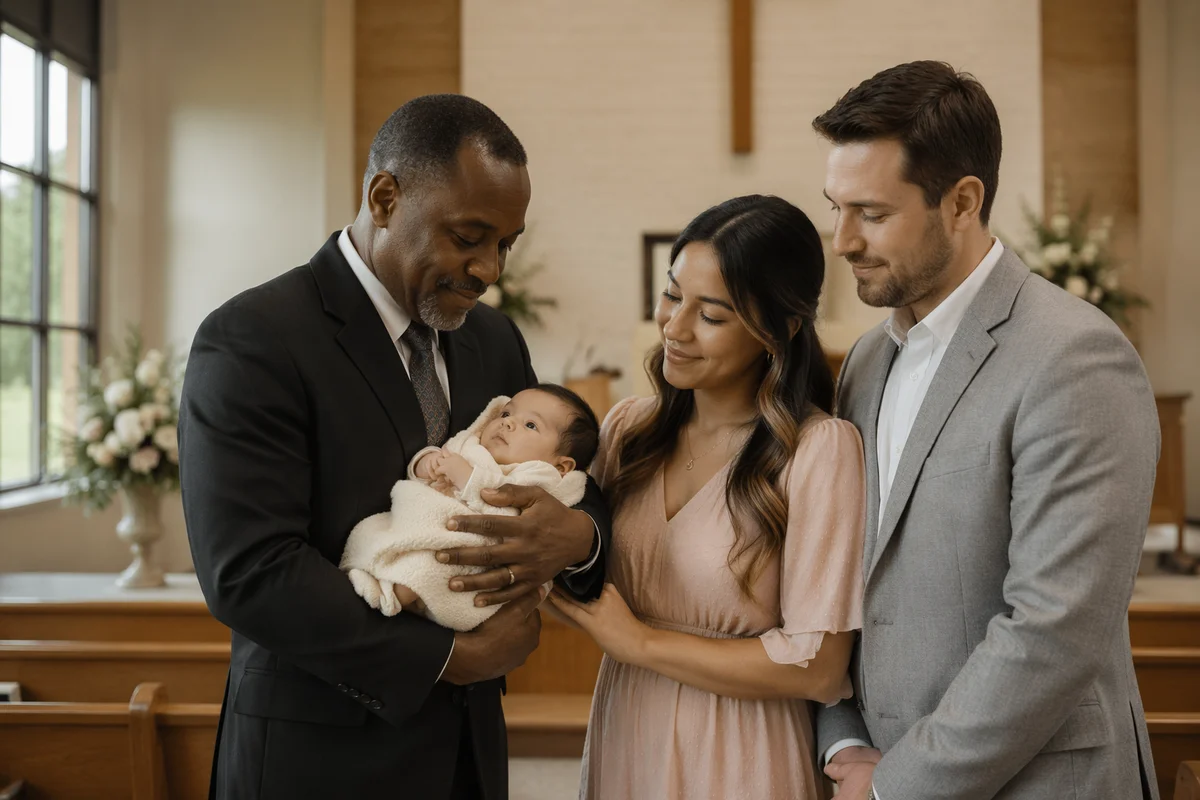 Pastor Holding Infant Beside Young Parents