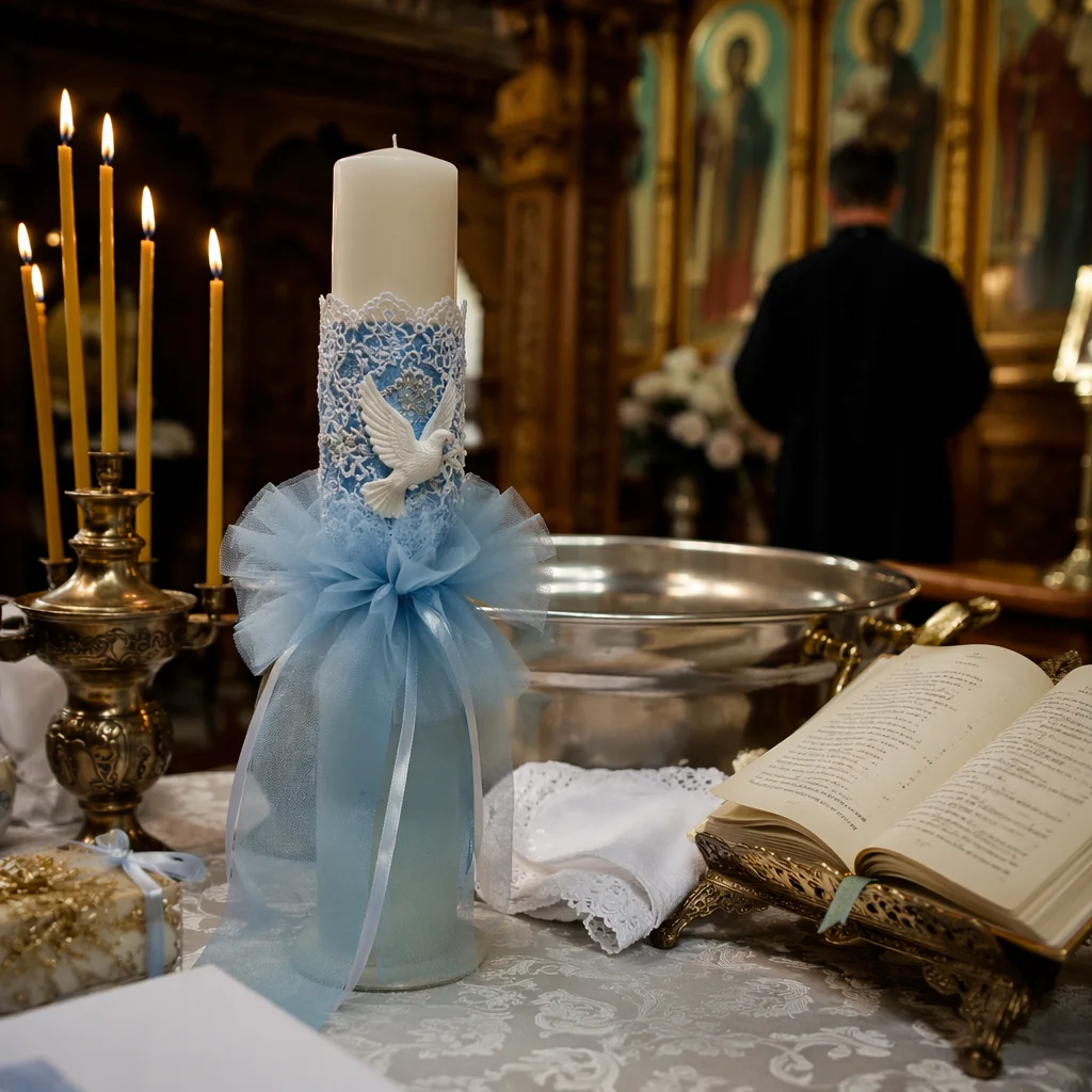White Baptism Candle with Dove Symbol
