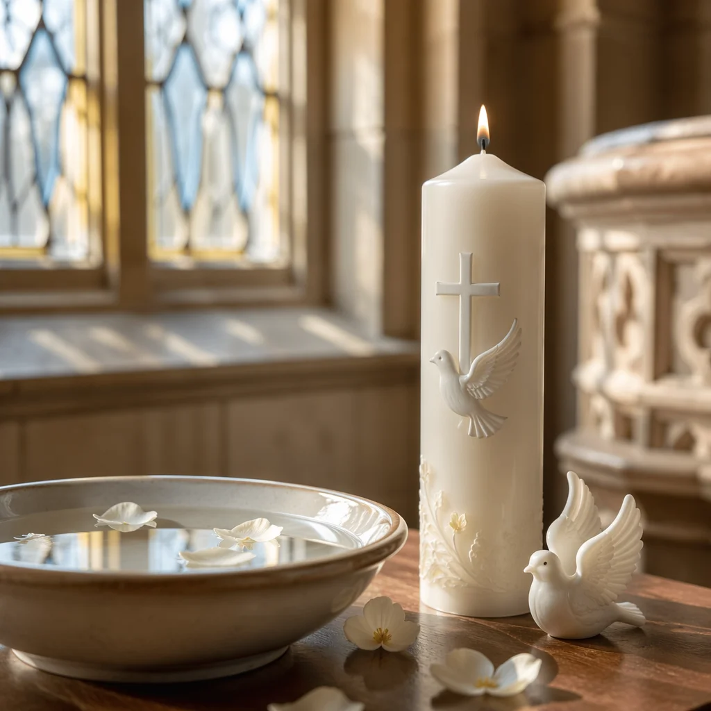 White Baptism Candle with Dove Symbol