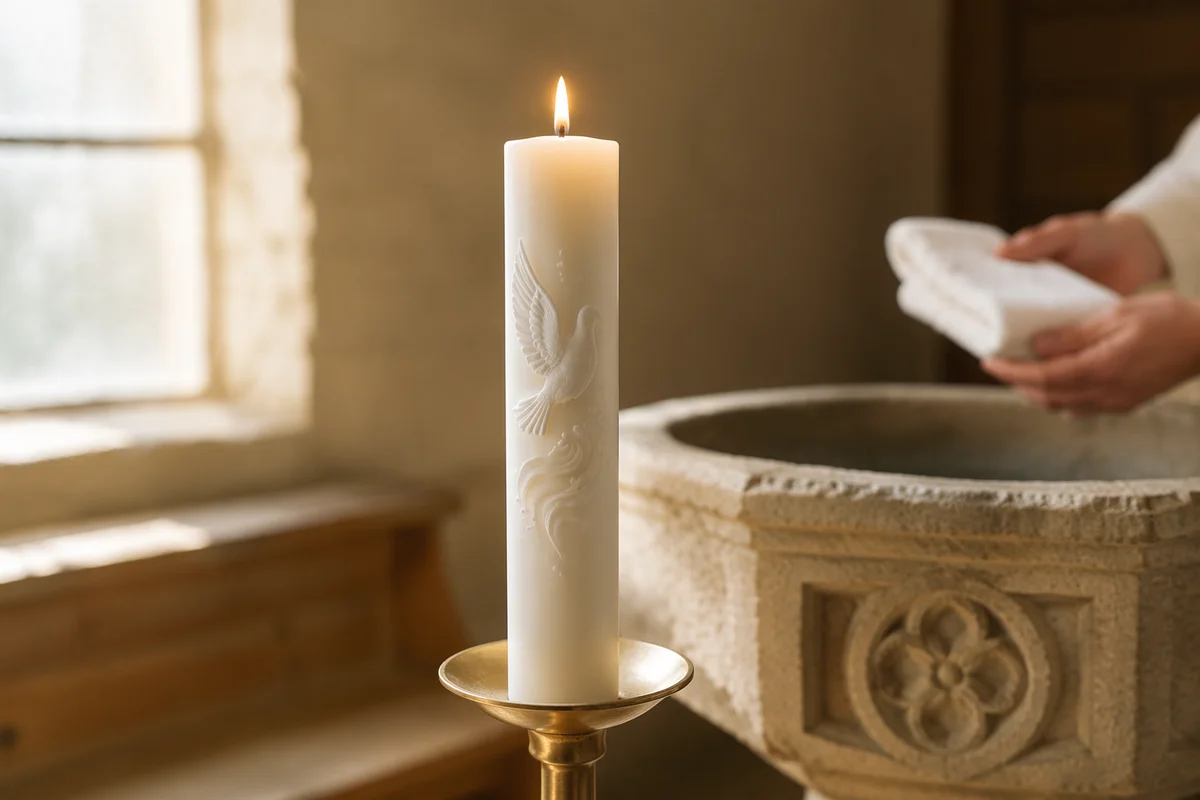 White Baptism Candle with Dove Symbol