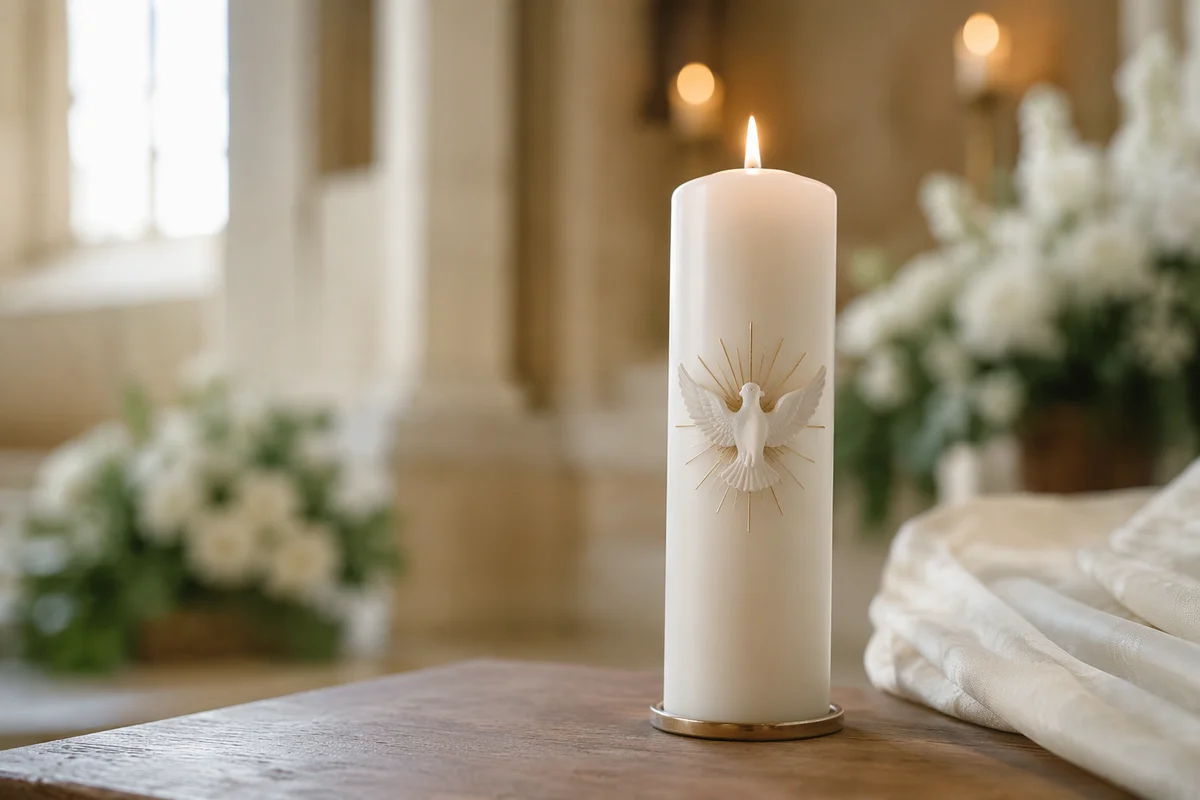 White Baptism Candle on Wooden Table