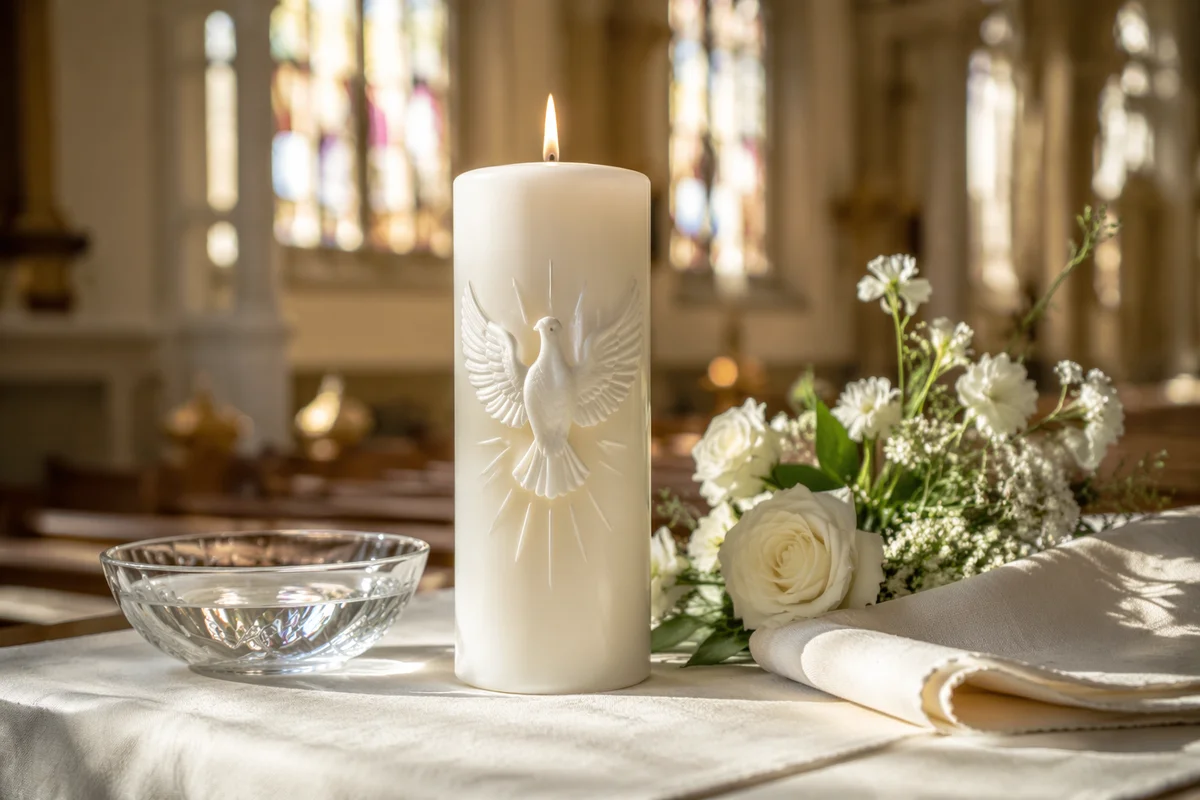 White Baptism Candle with Dove Symbol