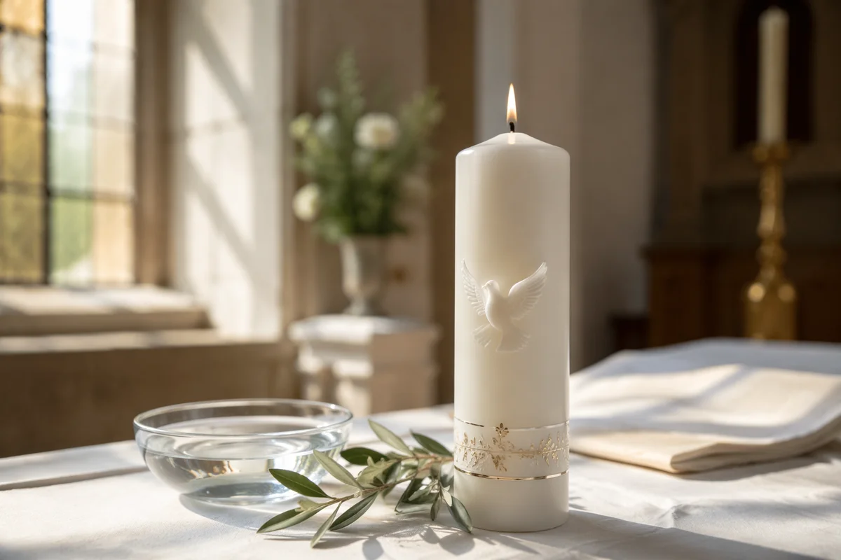 White Baptism Candle with Dove Symbol