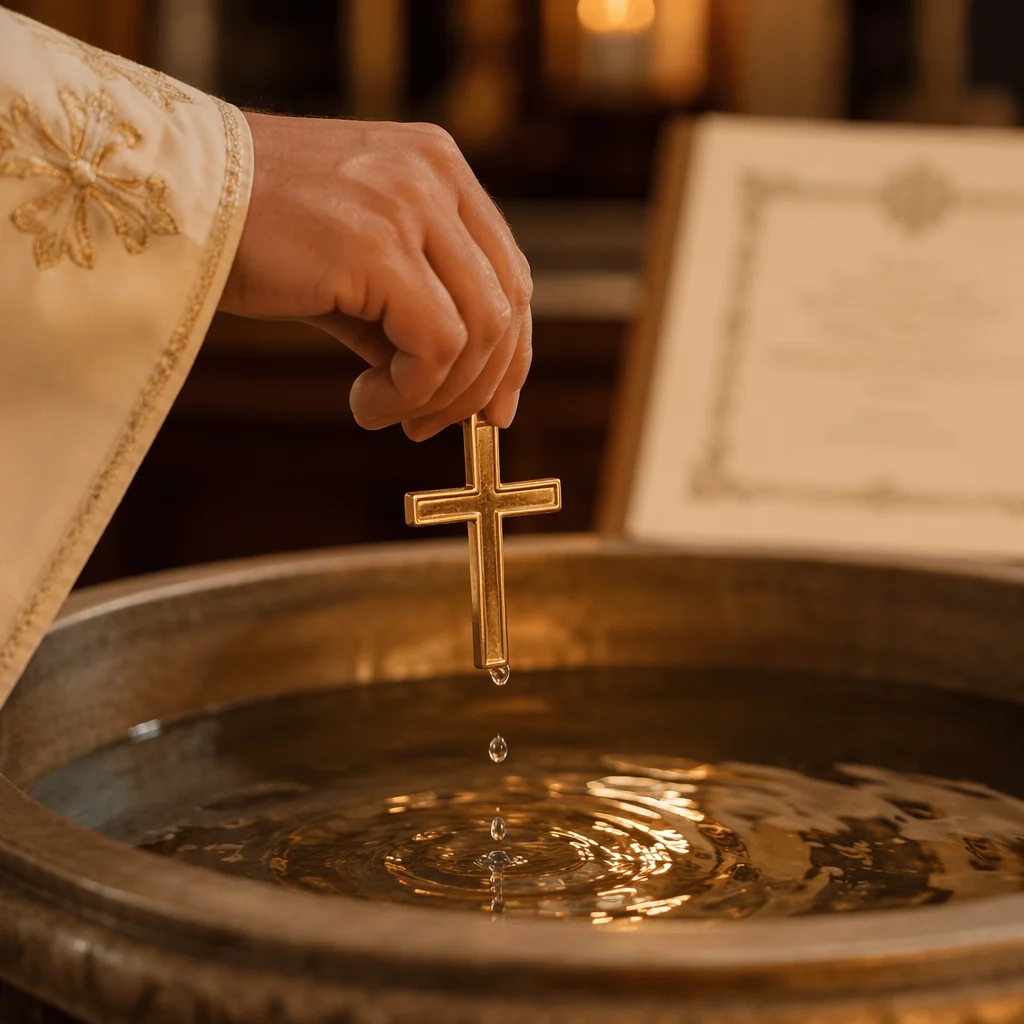 Golden Cross Above Baptismal Water