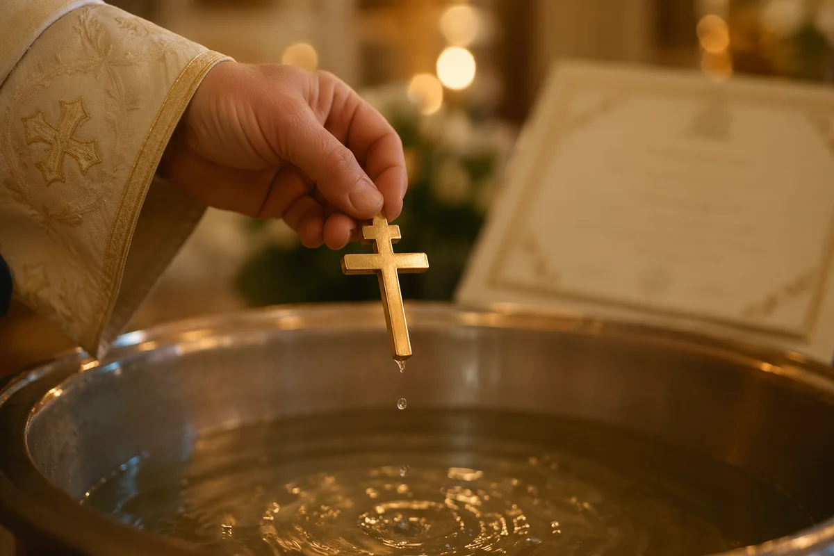 Gold Cross Above Baptismal Water