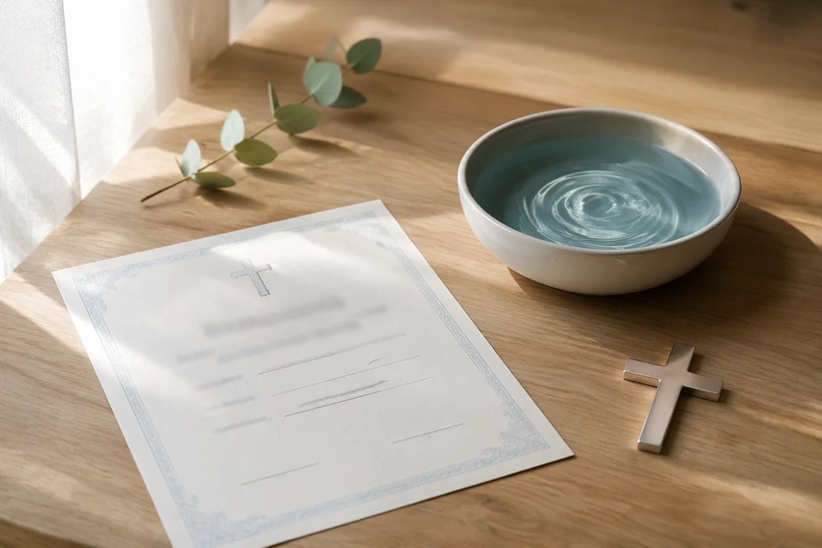 Baptism Certificate with Cross and Water Bowl