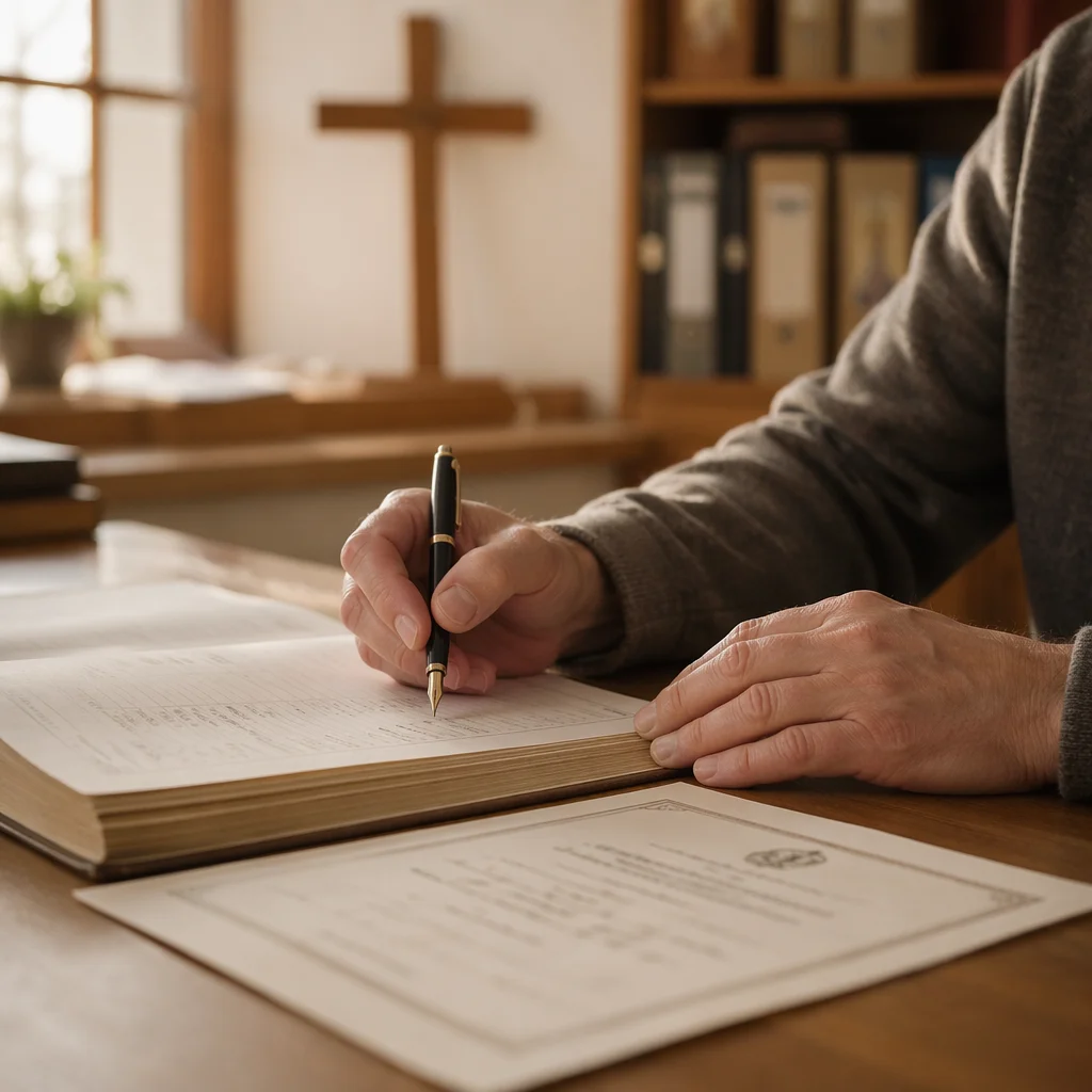 Signing Baptism Certificate in Chapel Office