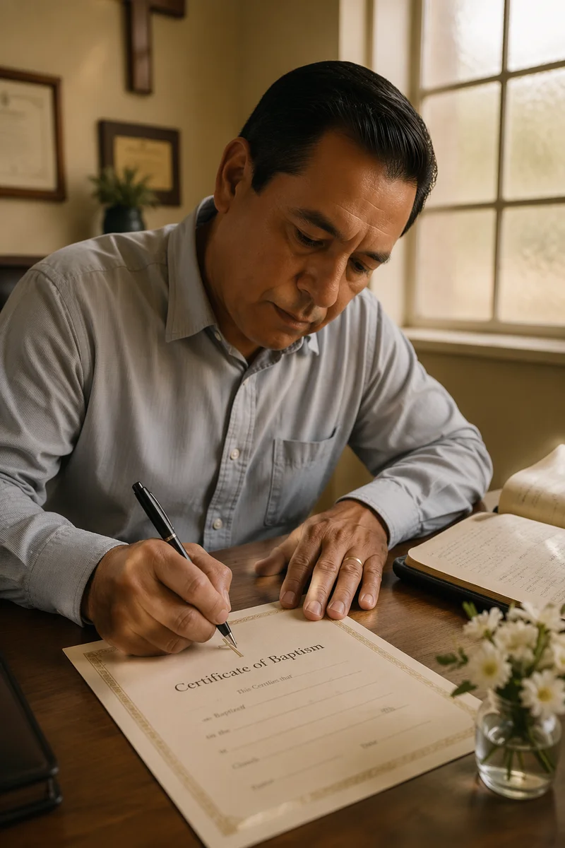 Signing a Baptism Certificate in Church Office