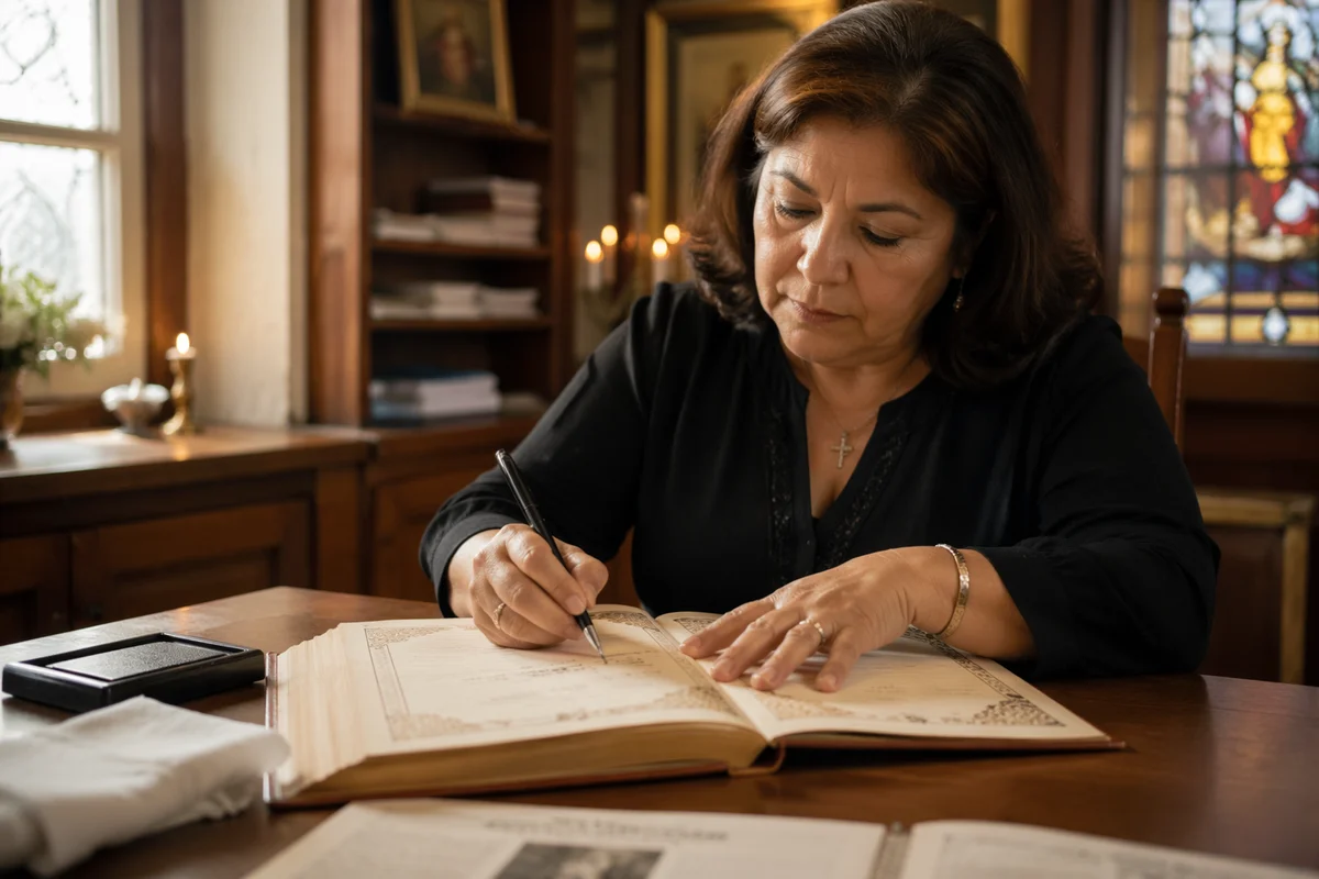 Signing Baptism Certificate in Church Office
