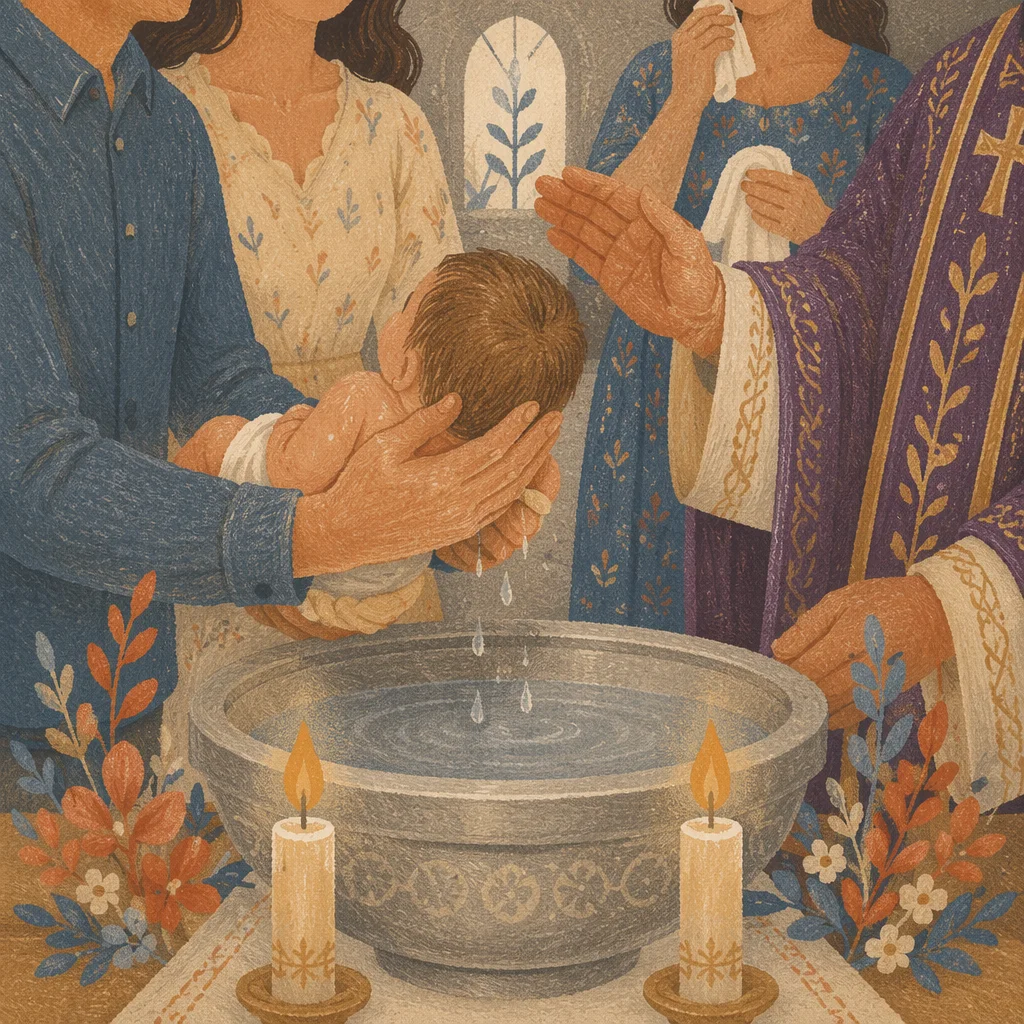 Joyful Family Baptism Candlelit Church Moment