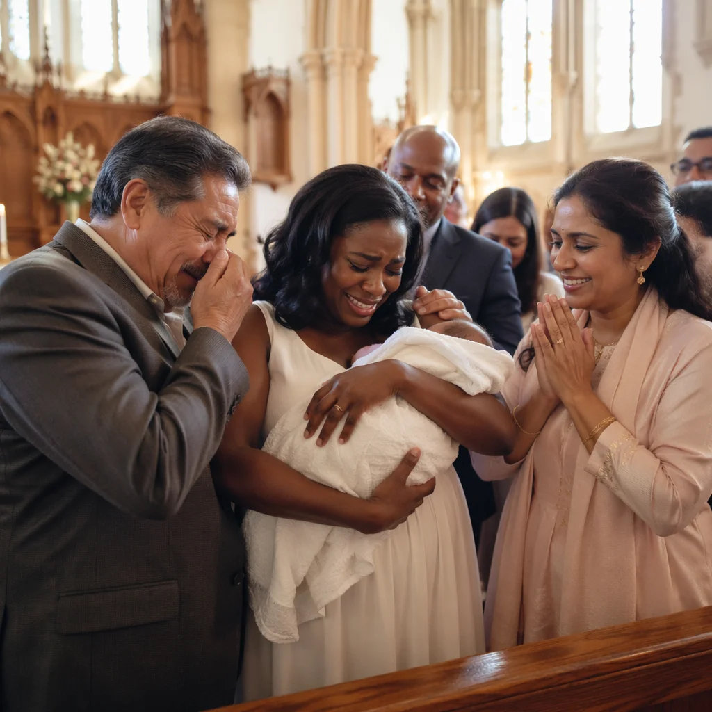 Joyful Family Embrace After Baptism Ceremony