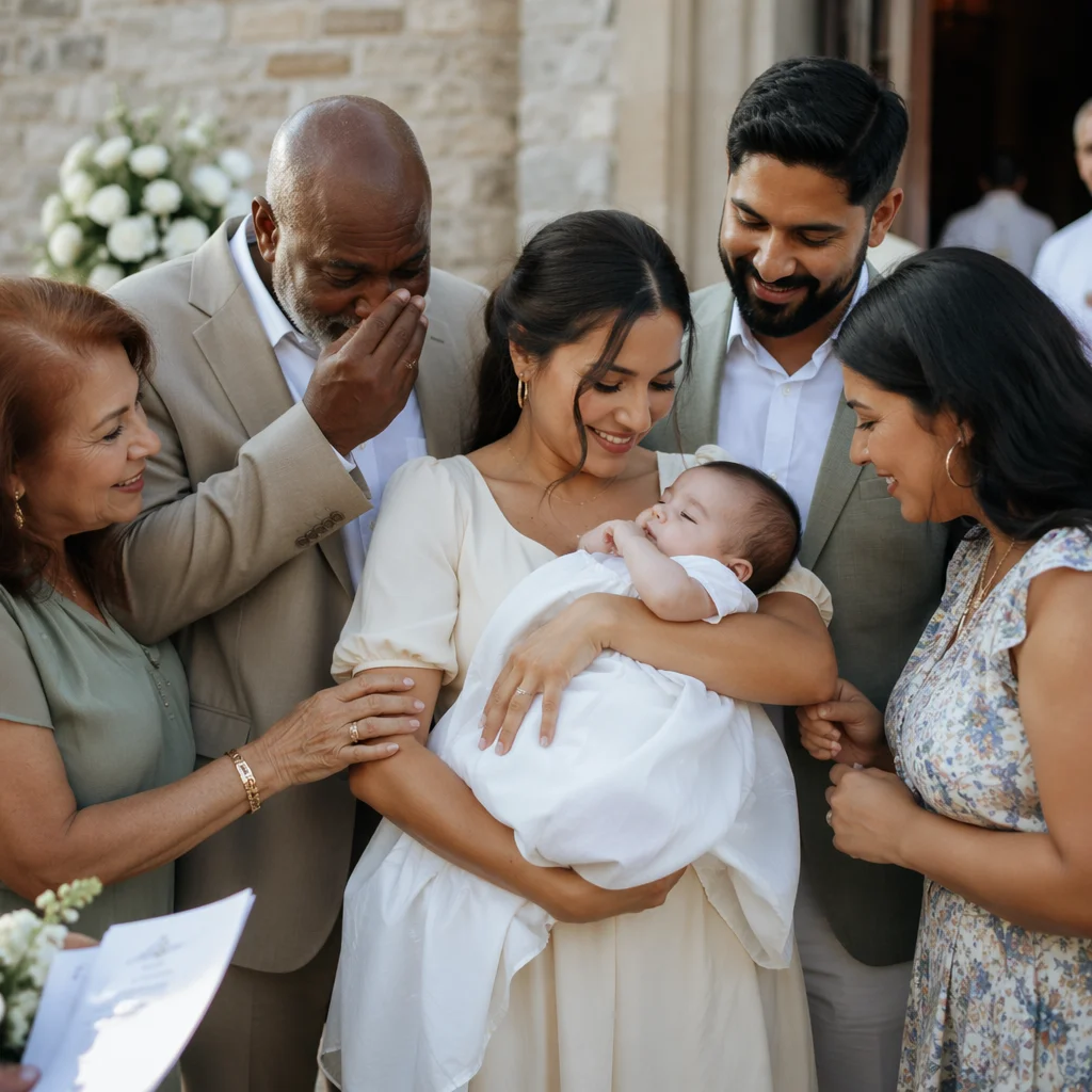 Family Gathering Outside Sunlit Stone Church