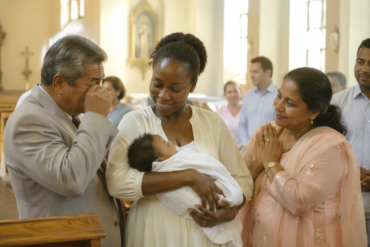 Family Embracing After Baptism in Church