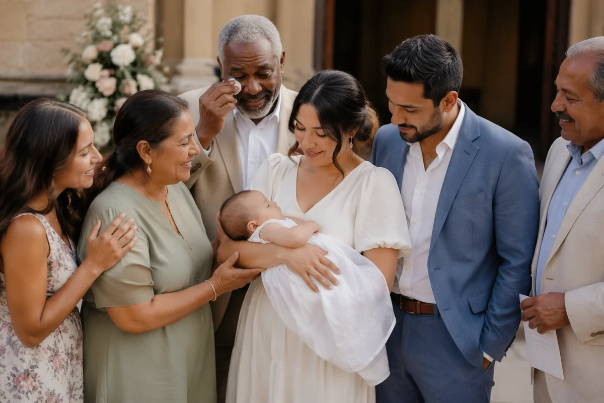 Family Gathering Outside Sunlit Church Courtyard