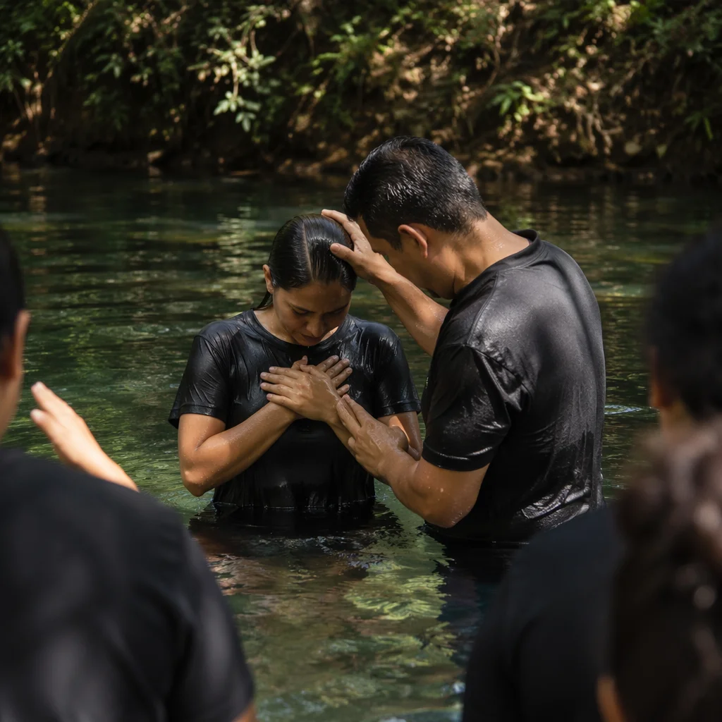 Reverent Outdoor River Baptism in Forest