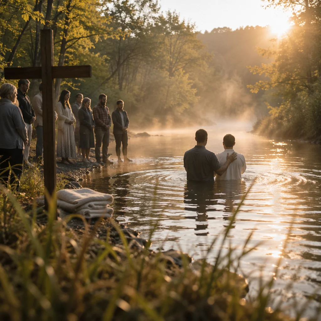 Outdoor River Baptism at Autumn Sunrise