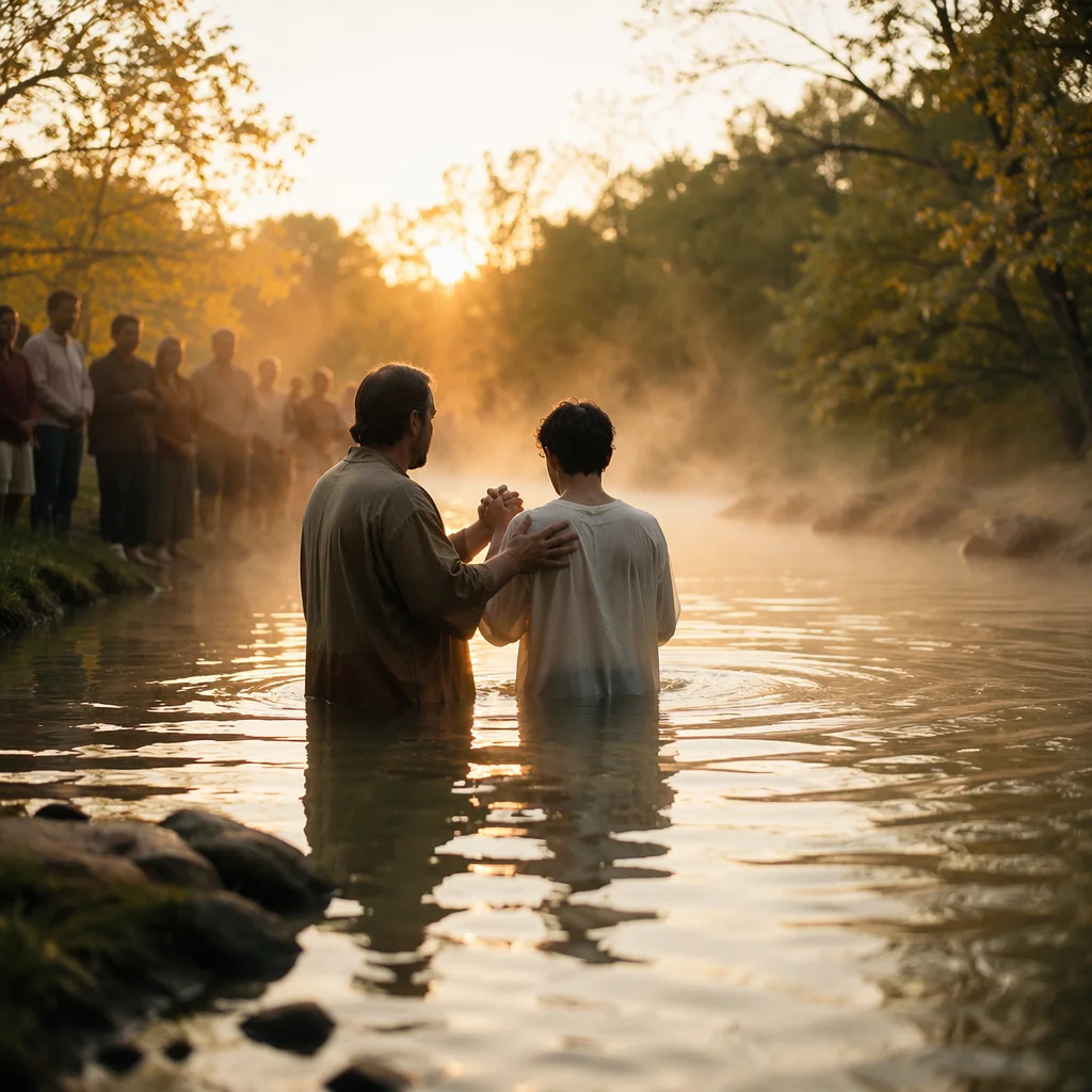 Outdoor River Baptism at Autumn Sunrise