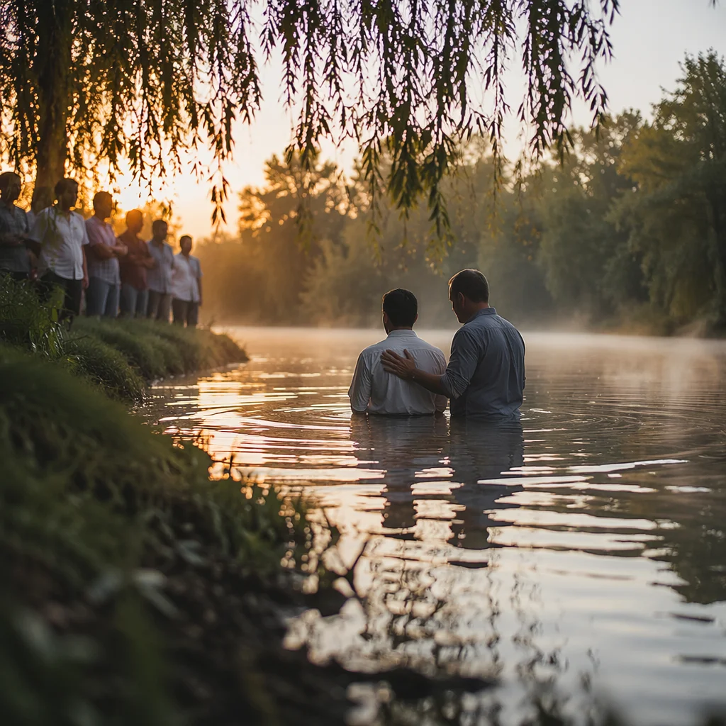 Peaceful Sunrise River Baptism Gathering