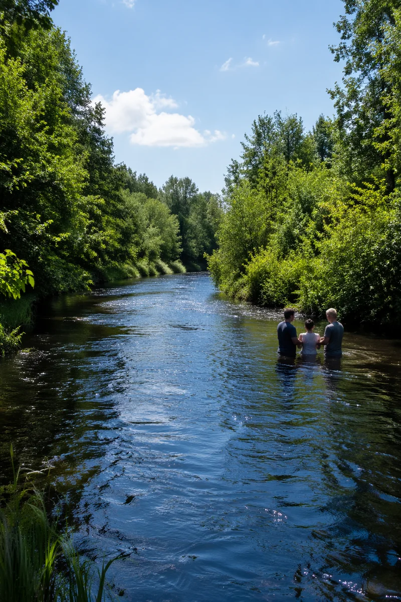 Peaceful Outdoor River Baptism in Woodland