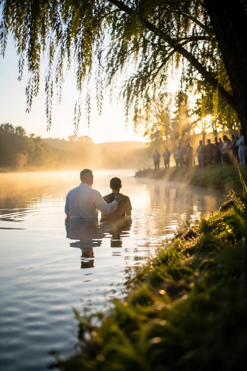 Peaceful Sunrise Baptism in a River