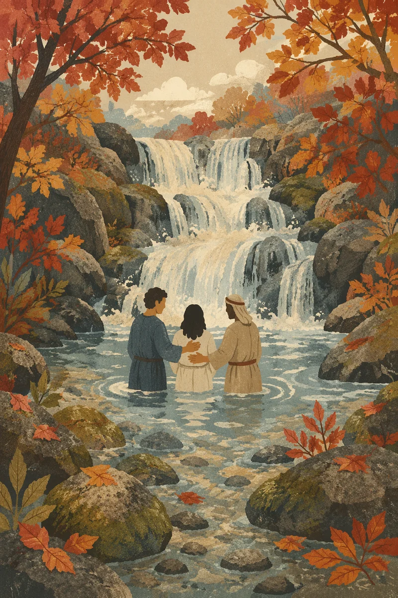 Autumn River Baptism Beneath Forest Waterfalls