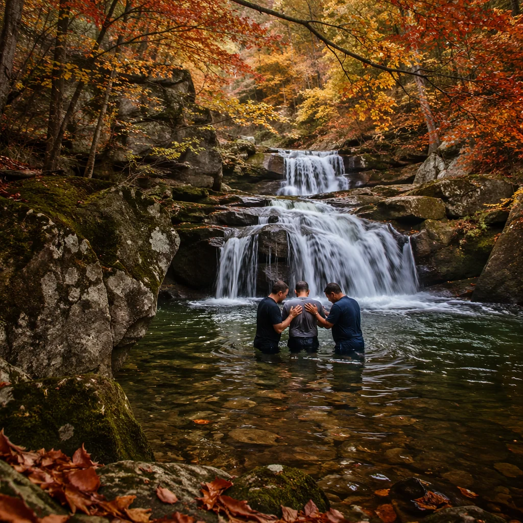 Autumn River Baptism Beneath Forest Waterfalls