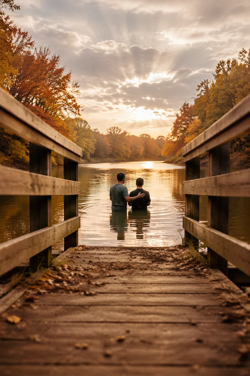 Outdoor River Baptism in Autumn Light