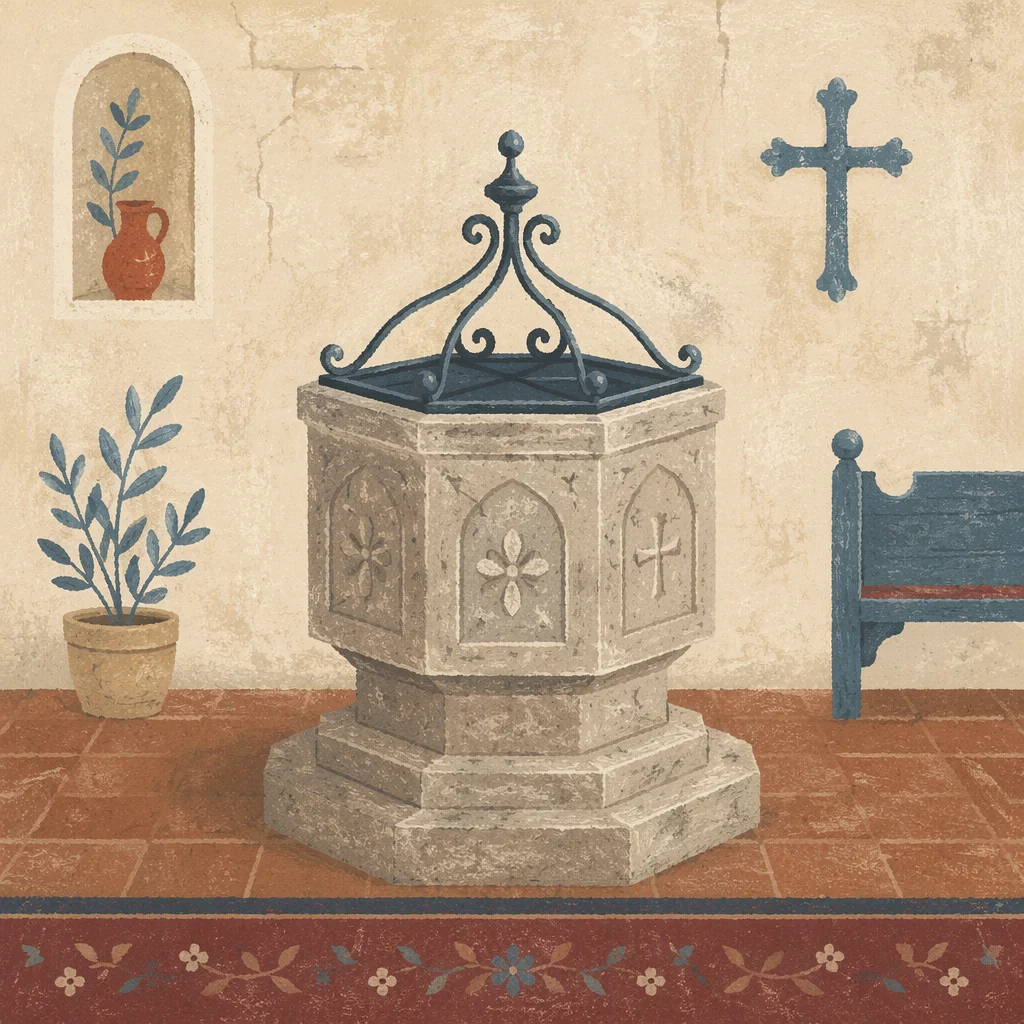 Traditional Stone Baptismal Font in Old Church