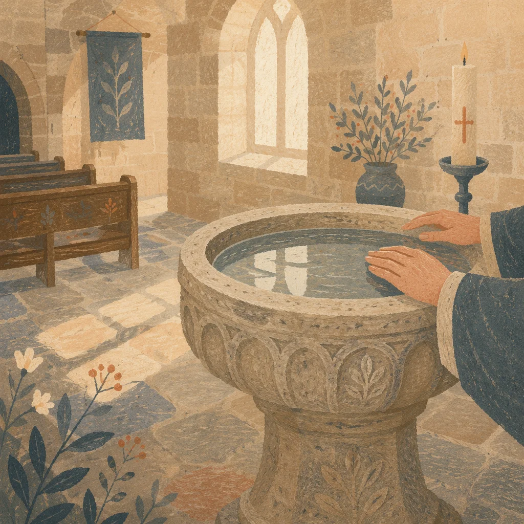 Traditional Stone Baptismal Font in Quiet Church