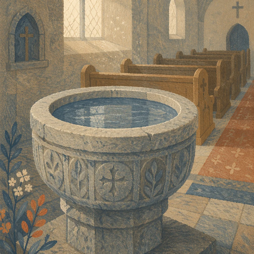 Ancient Baptismal Font in Stone Church