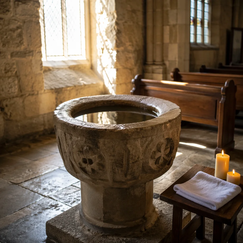 Ancient Baptismal Font in Stone Church