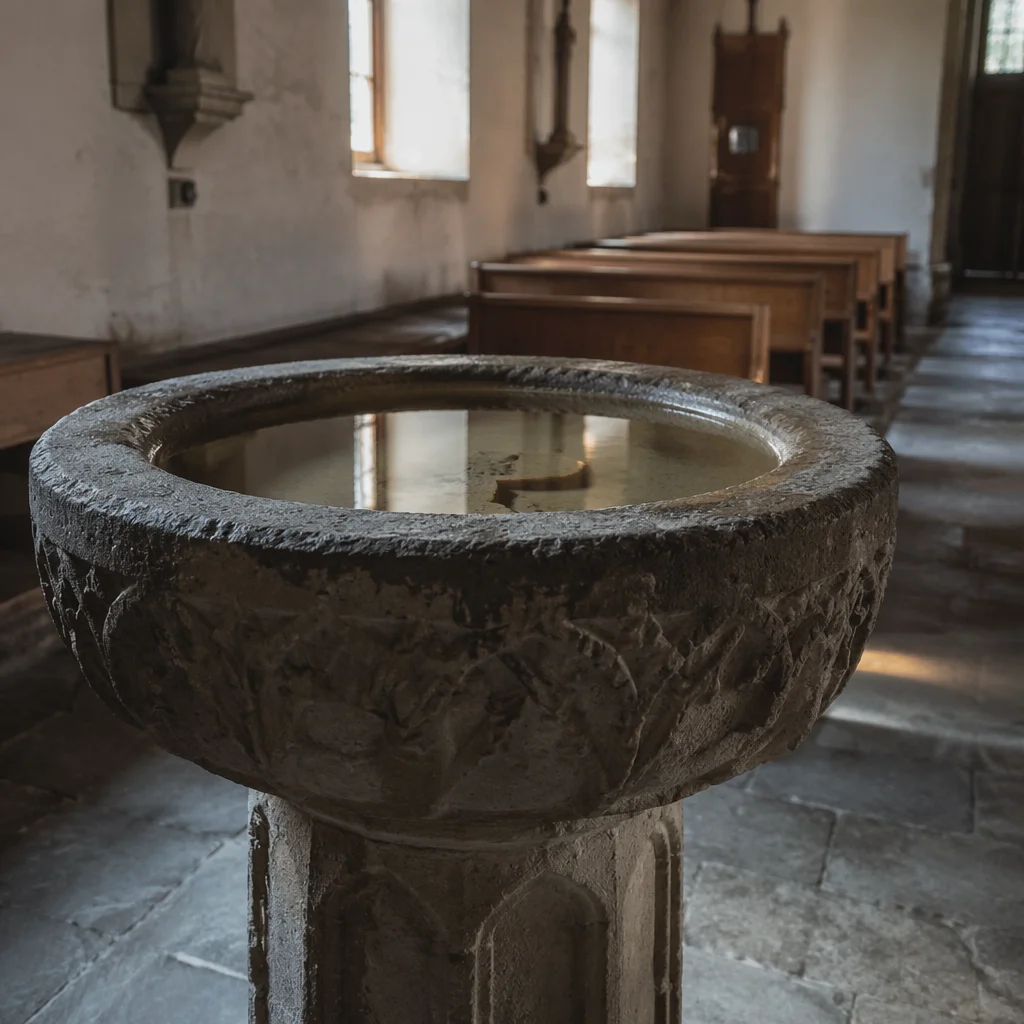Ancient Baptismal Font in Stone Church