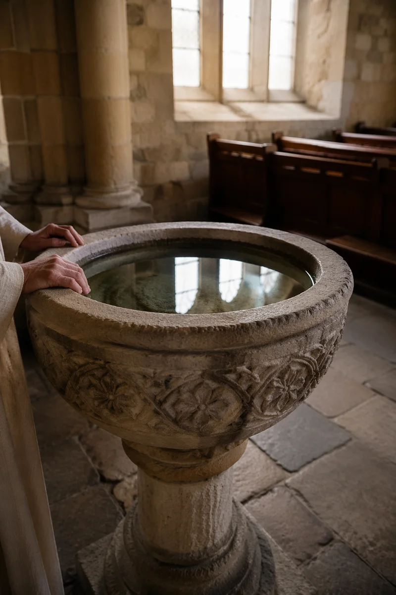 Traditional Stone Baptismal Font in Morning Light