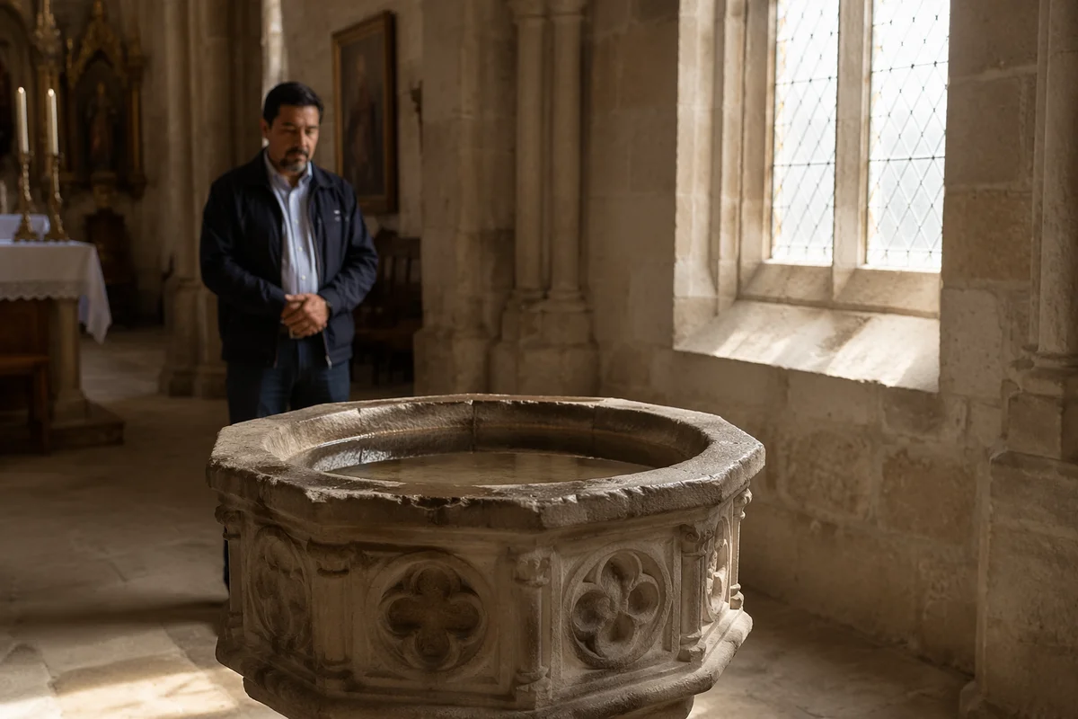 Stone Baptismal Font in Traditional Church