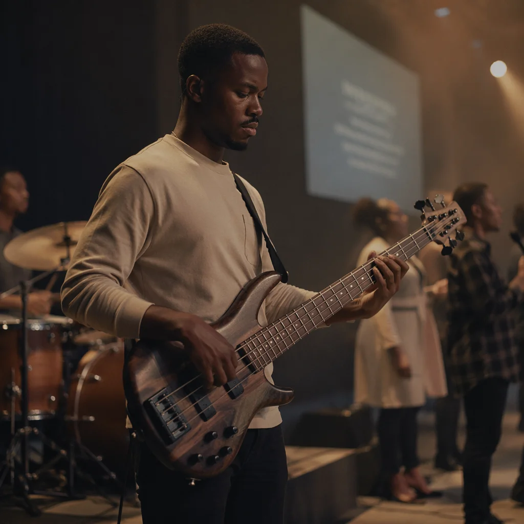 Focused Bass Guitarist on Church Stage