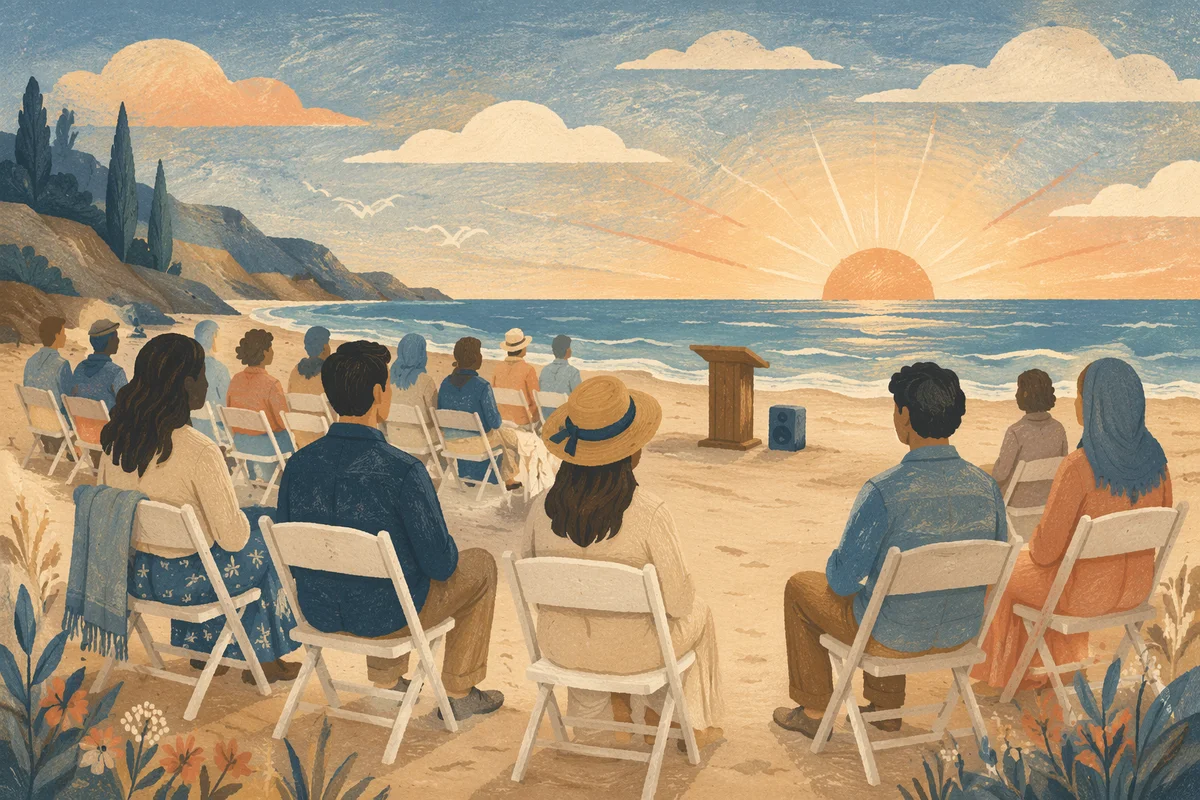 Peaceful Beach Church Service at Sunrise