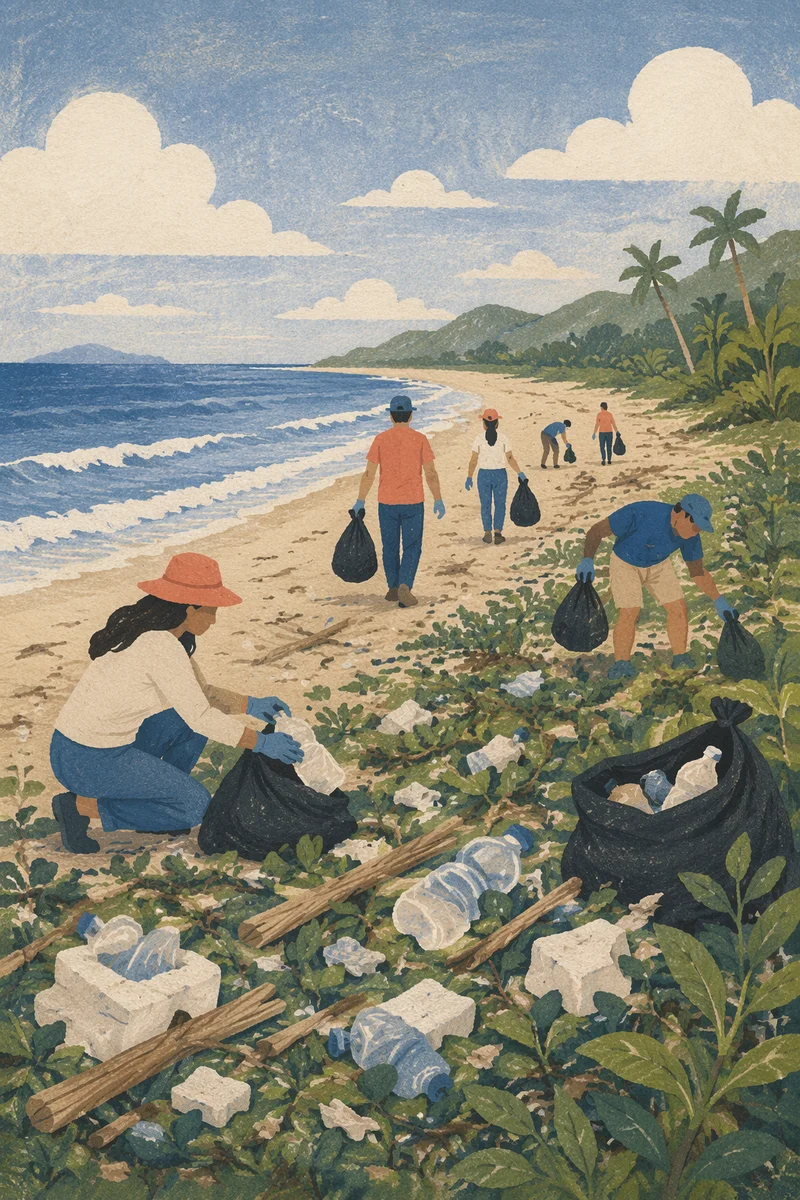 Beach Cleanup Volunteers on Tropical Shore