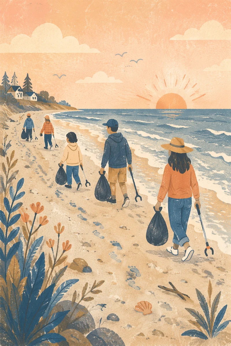Beach Cleanup Volunteers at Sunrise Shore