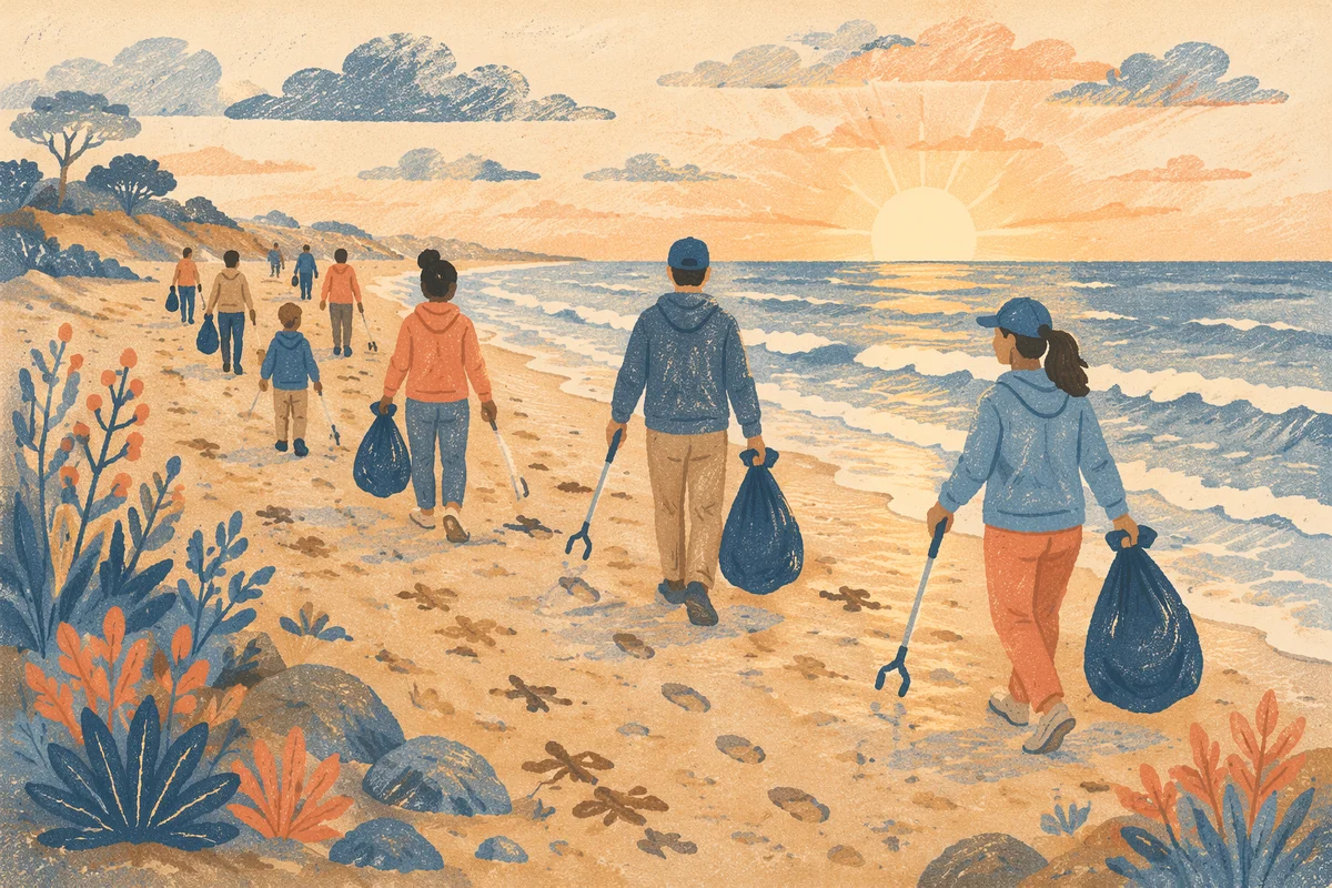 Faith Volunteers Cleaning Beach at Sunrise