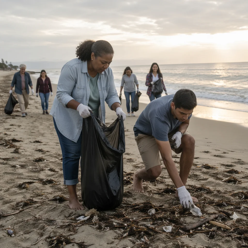 Beach Cleanup Volunteers on Quiet Shoreline