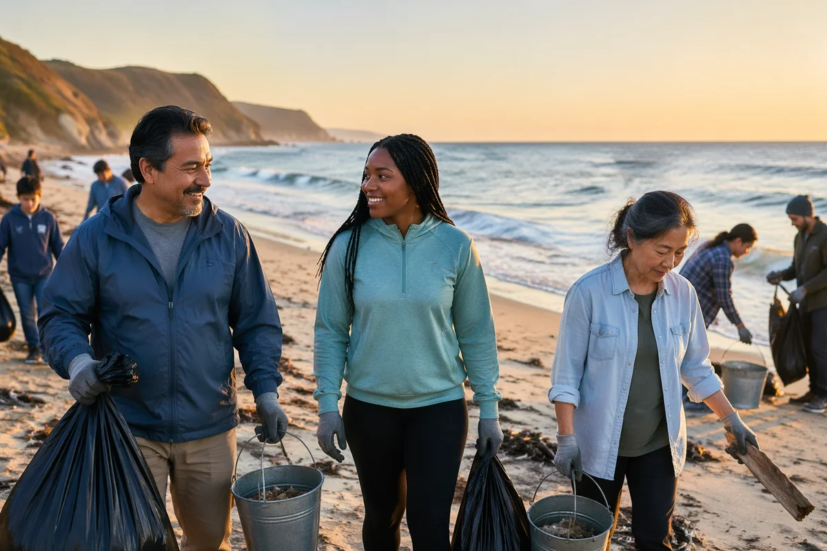 Volunteers Cleaning Beach at Sunrise