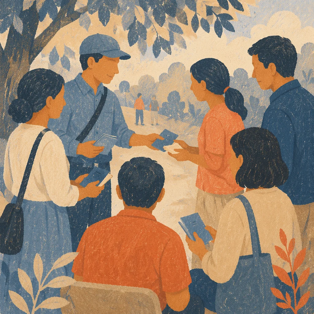 Church Outreach Sharing Scripture Booklets Outdoors