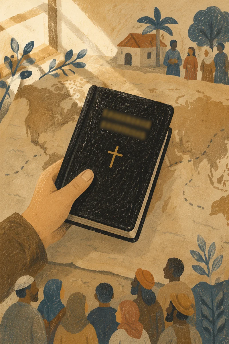 Hand Holding Bible Over Mission Map