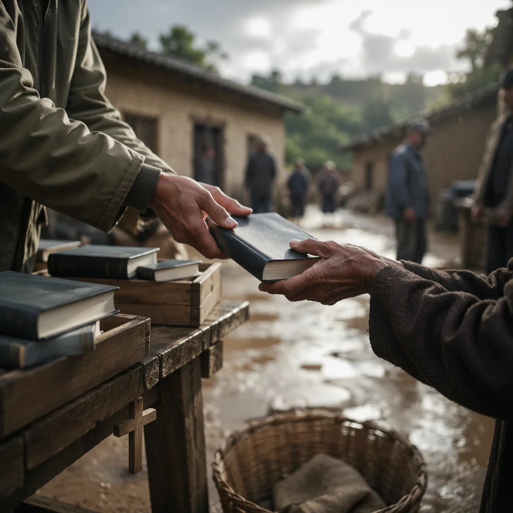 Bible Distribution in Rural Mission Courtyard