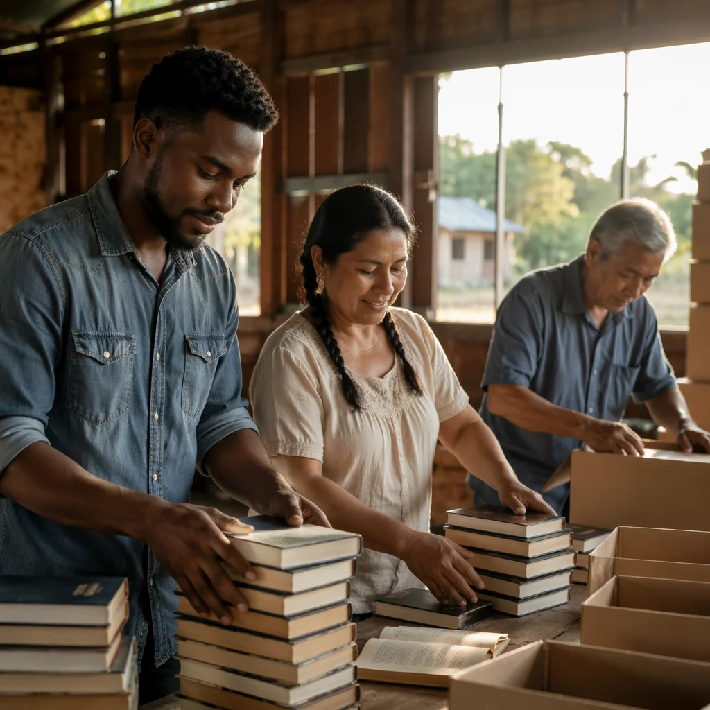 Volunteers Preparing Bibles for Rural Outreach