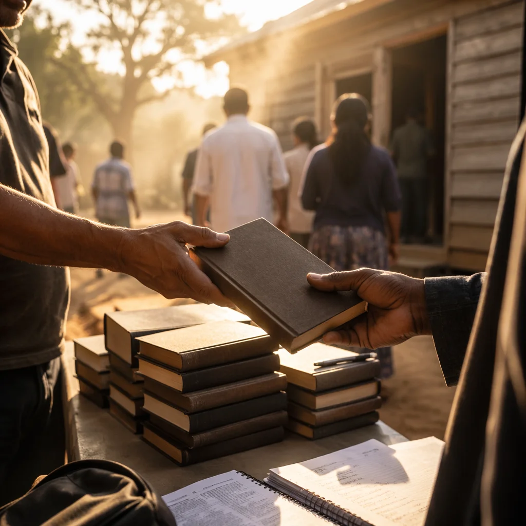 Bible Distribution in Rural Mission Courtyard