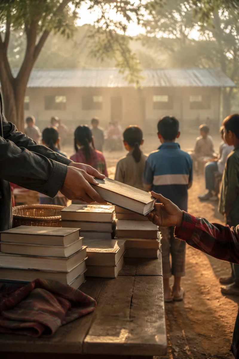 Bible Distribution in Rural Mission Schoolyard