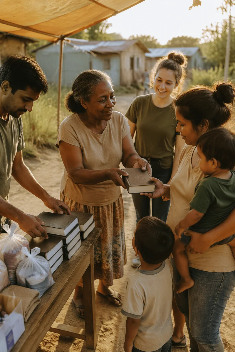 Book Distribution to Families at Sunset