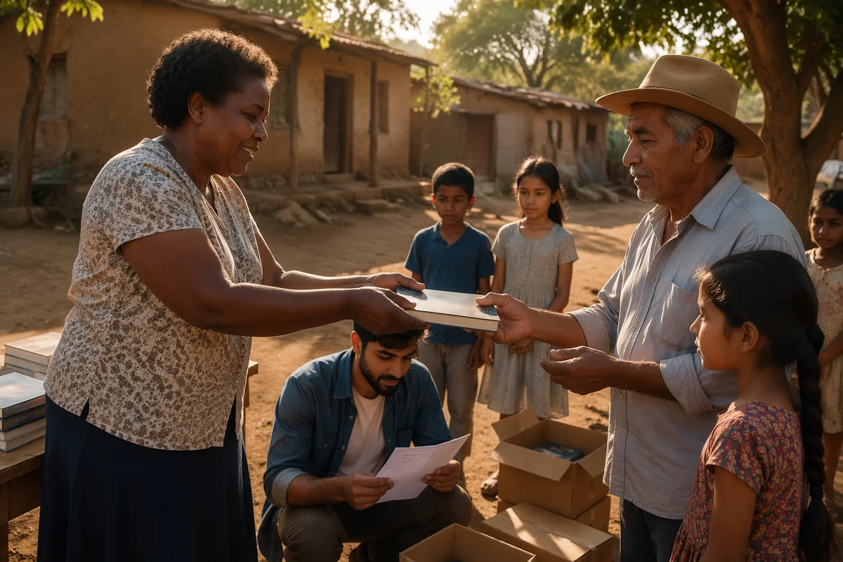 Volunteers Distributing Books in Village Courtyard