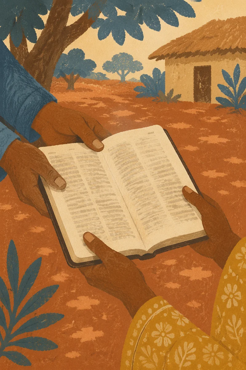 Hands Receiving Bible in Mission Field